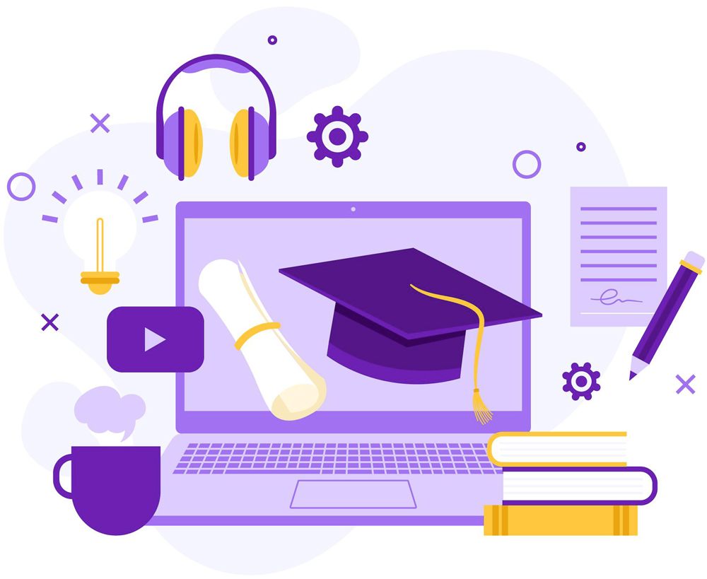 Illustration of a laptop with online learning graphics overlaid